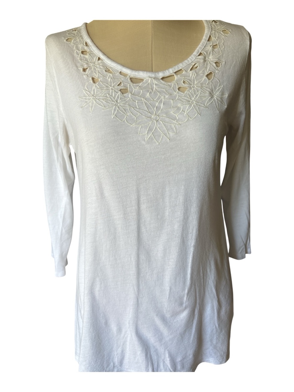 J. Jill Ivory Long Sleeve Top with Floral Cutout Yoke